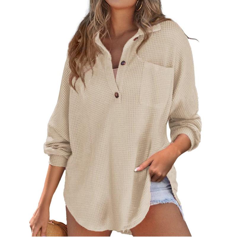 Women Waffle Knit Tops Henley Shirts Long Sleeve V Neck Solid Color Casual Tunic