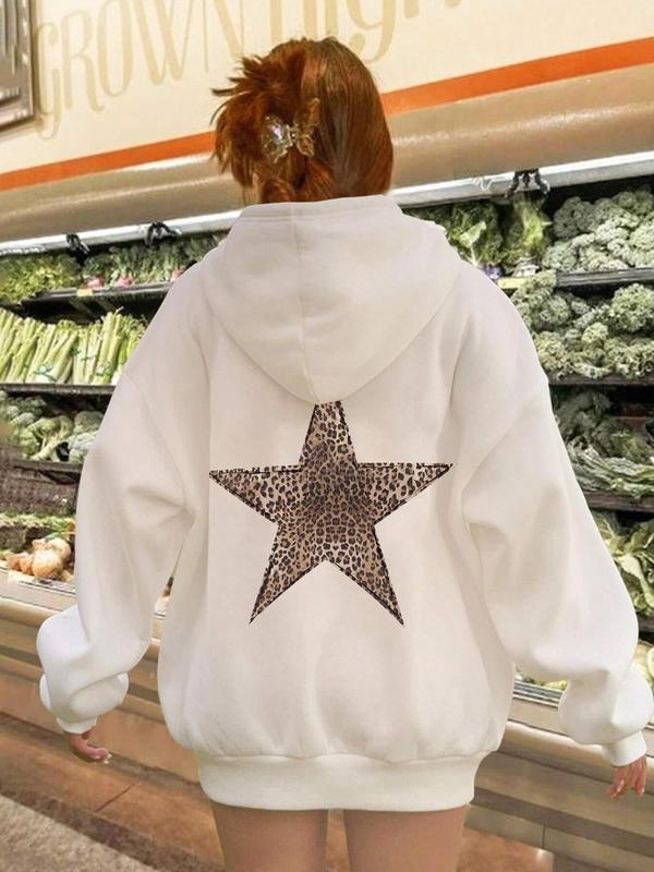 Women's Star Print Hoodie, Fashion Casual Leopard Graphic Drawstring Hoodies for Daily Holiday Outdoor Wear, Women Clothing for Fall & Winter