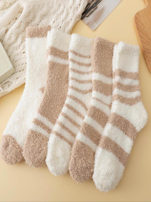 Women's Striped Print Fuzzy Socks, Casual Soft Comfy Warm Crew Socks for Fall & Winter, Women's Socks for Daily Wear