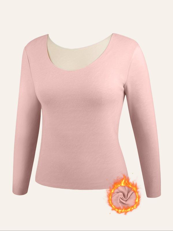  Women's Solid Round Neck Thermal Underwear Top, Casual Long Sleeve Crew Neck Top for Fall & Winter, Women's Clothing for Daily Wear