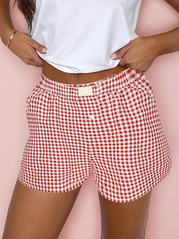 Women's Plaid Print Patched Decor Button Front Elastic Waist Shorts, Casual Comfy Straight Leg Shorts for Summer, Ladies Back To School Bottoms for Daily Wear, Shorts for Women, Downtown Girl Clothes  Preppy 80s Clothes