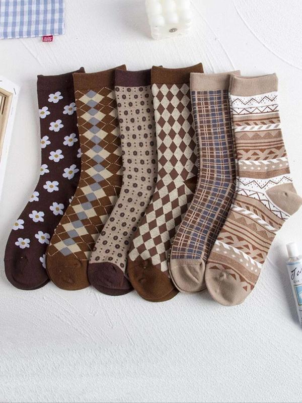 Women's 6 Pairs Floral & Geometric Crew Socks, Multi-pack Casual Soft Comfortable Breathable Mid-calf Socks For Daily Wear, Women's Socks & Hosiery