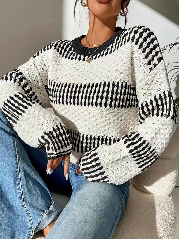 Women's Textured Striped Print Crewneck Knitting Jumper, Casual Long Sleeve Round Neck Sweater, Sweaters for Women, Lady's Comfort Knitwear Top, Comfort Womenswear Tops, Downtown Girl Clothes