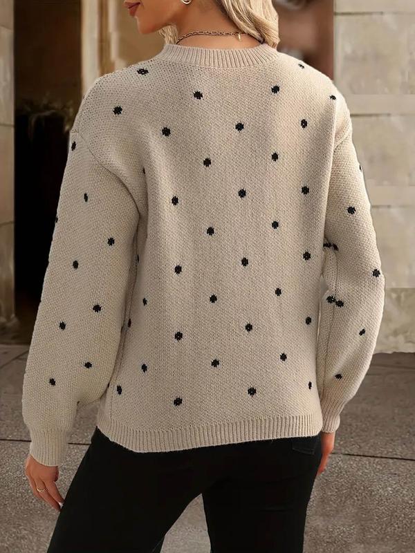 Women's Polka Dot Print Drop Shoulder Sweater, Casual Long Sleeve Round Neck Jumper for Fall & Winter, Fashion Ladies' Knitwear for Daily Wear