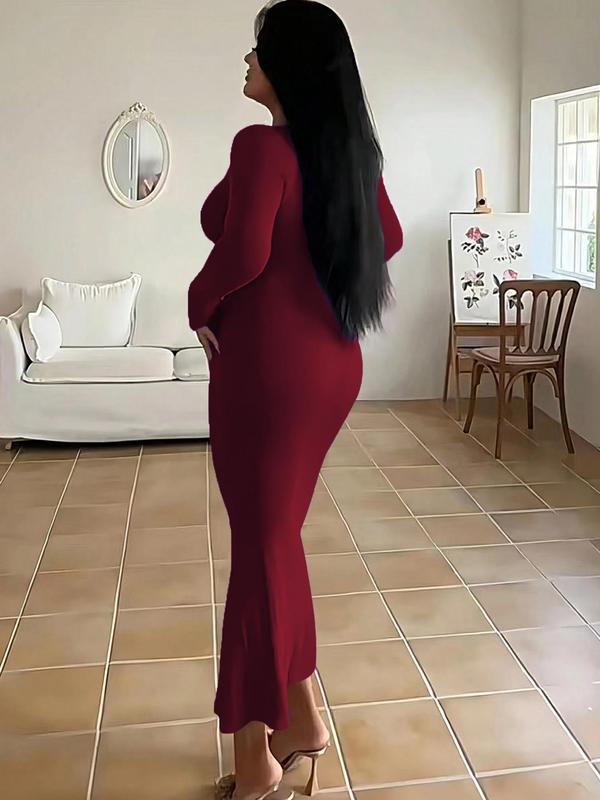 Women's Minimalist Solid Color Tight Sleeve Bodycon Dress for Fall, Women's Clothing for Daily Wear, Back-to-School Clothing, Basic Womenswear, Lady Casual Wear, Lady Long Sleeve, Fall Outfits, Fallfreshness