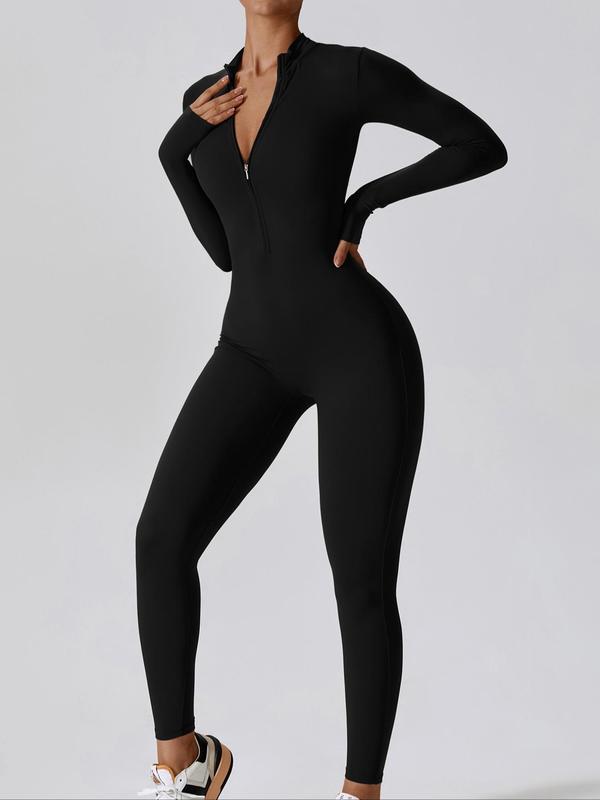 Women's Plain Zipper Shapewear Bodysuit, Casual Mock Neck Long Sleeve One Piece Jumpsuit For Gym Workout Yoga, Ladies Clothes For All Seasons