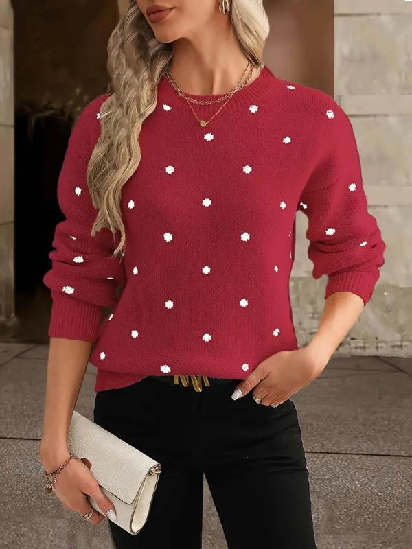 Women's Polka Dot Print Drop Shoulder Sweater, Casual Long Sleeve Round Neck Jumper for Fall & Winter, Fashion Ladies' Knitwear for Daily Wear