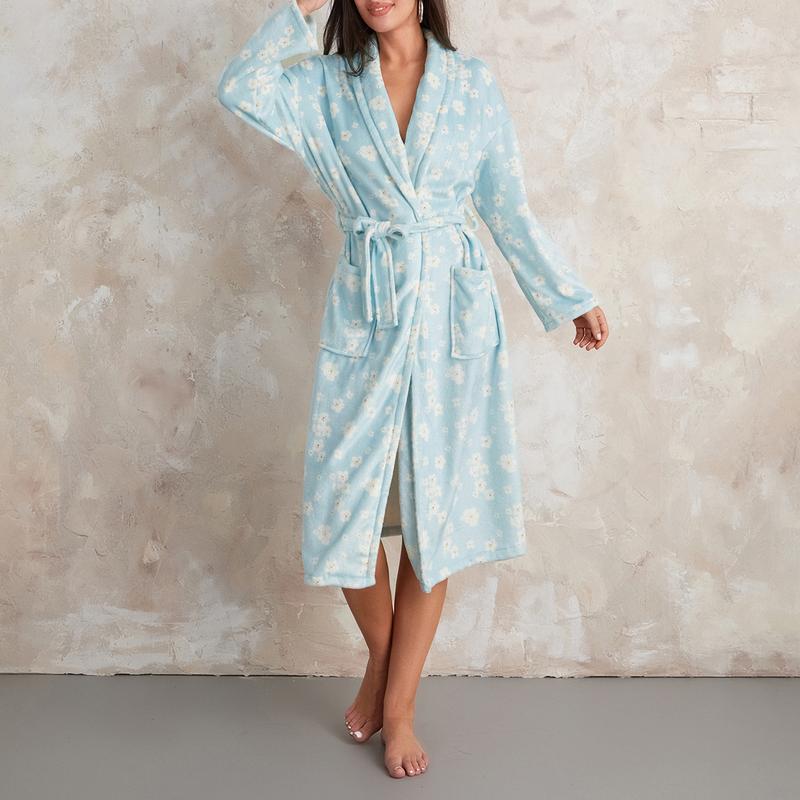 Women Dressing Gown Flannel Robe, Floral Print Shawl Collar Bathrobe for Hotel Spa, Party Kimono Robe with Belt,  Long Sleeve Dry Robes Check