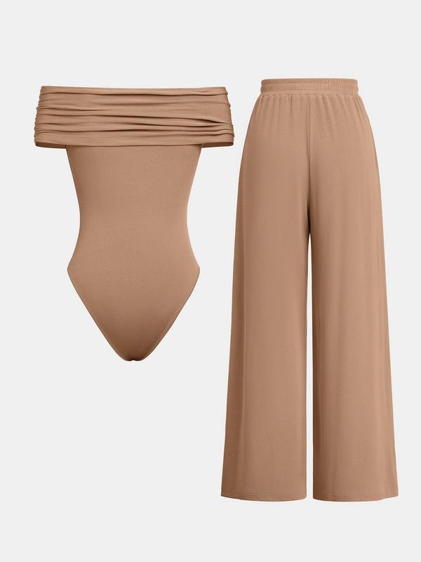 YOZY [4 colors] Off Shoulder Bodysuit & Elastic Waist Pants Set, Casual Criss Cross Bodycon Bodysuit & Wide Leg Pants, 2024 Women's Minimalist Outfits for Spring & Summer & Fall