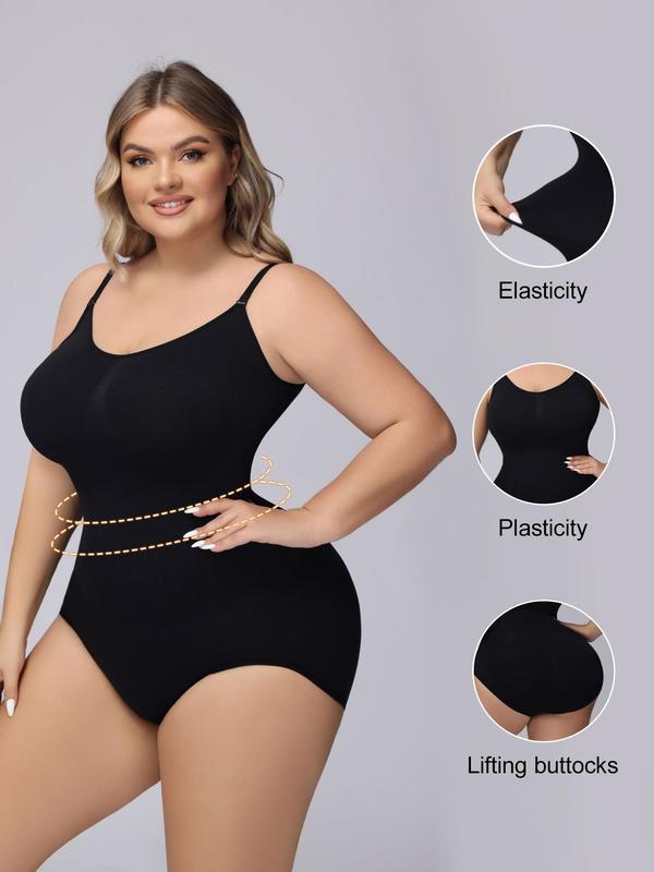 Plus Size Plain Adjustable Strap Shapewear Bodysuit, Casual Comfy Sleeveless Tummy Control Bodysuit, Women's Shapewear Clothing for All Seasons