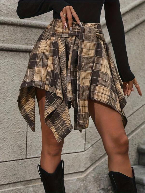 Women's Plaid Print Knot Front Skirt, Street Fashion Casual A Line Short Skirt for Daily Wear, Ladies Spring & Fall Bottoms