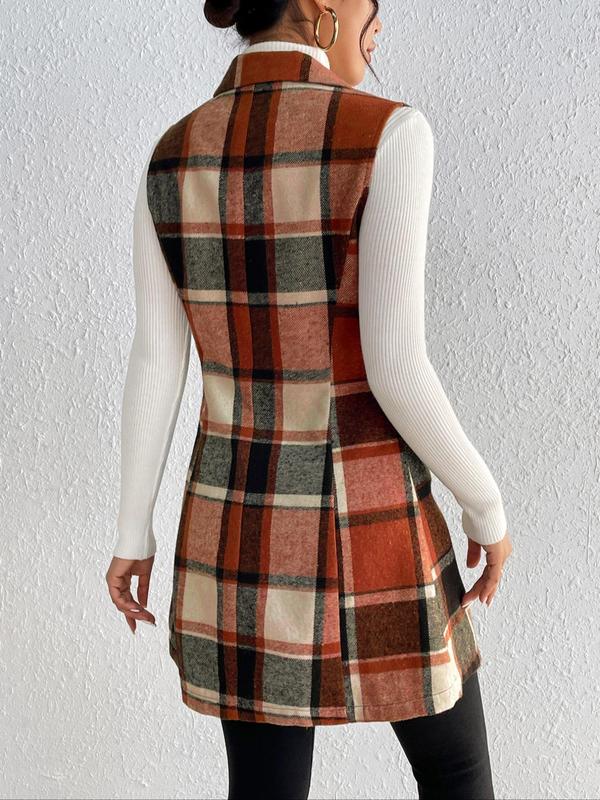 Women's Plaid Print Button Front Lapel Neck Waistcoat without Sweater, Casual Elegant Outerwear for Fall & Winter, Winter Coats, Women's Clothing for Daily Wear, Please Purchase A Size Up