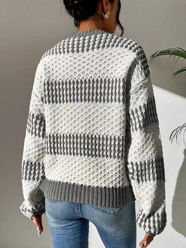 Women's Textured Striped Print Crewneck Knitting Jumper, Casual Long Sleeve Round Neck Sweater, Sweaters for Women, Lady's Comfort Knitwear Top, Comfort Womenswear Tops, Downtown Girl Clothes