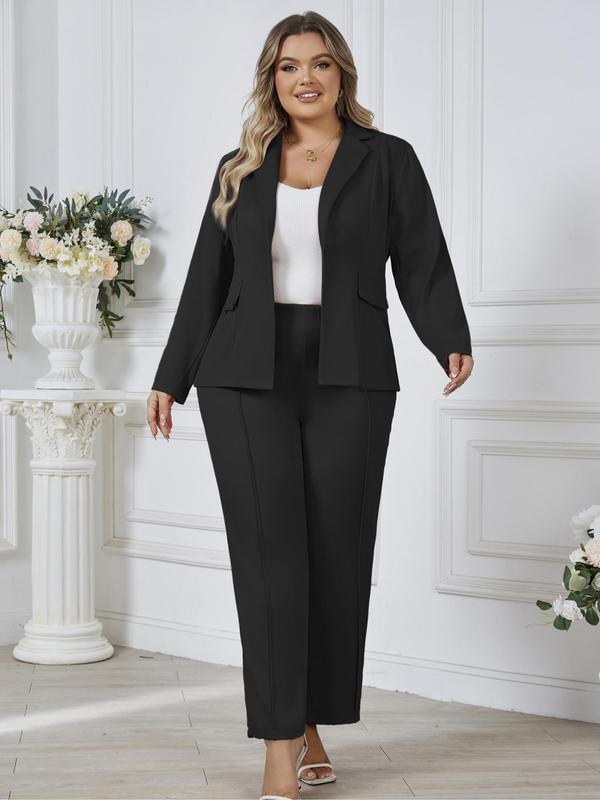  Solid Two-piece Set, Elegant Lapel Neck Button Front Blazer & Straight Leg Pants, Women's Spring & Fall Clothes for Work Office Business, Trendy Outfits 2024, 2 Piece Sets Women, Fall Clothing Women, Plus Size Clothes for Women