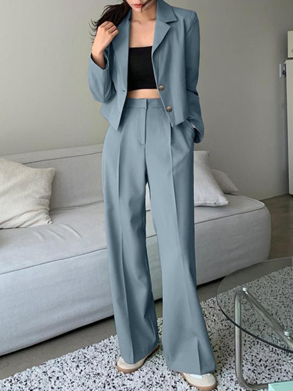 Two-Piece Set Women's Solid Button Front Blazer & Wide Leg Suit Pants, Elegant Lapel Long Sleeve Outerwear & Pocket Trousers for Work Office Business, Ladies Fall & Winter Suit Set