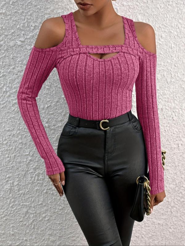 Women's Plain Cut Out Cold Shoulder Ribbed Tee, Casual Long Sleeve T-shirt for Spring & Fall, Women's Clothing for Daily Wear