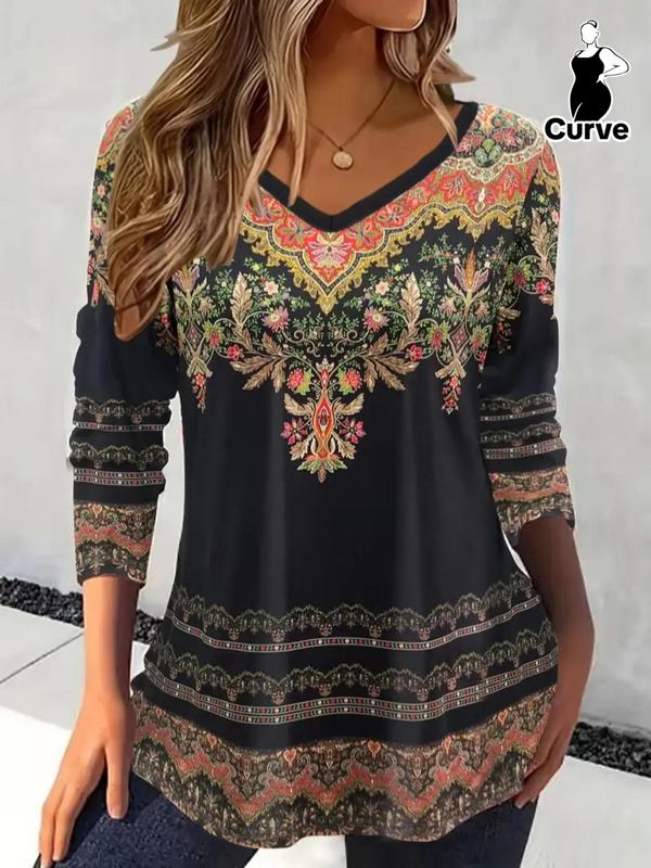  Ethnic Pattern V Neck Tee, Boho Long Sleeve T-shirt for Fall & Winter, Women's Clothing for Daily Wear