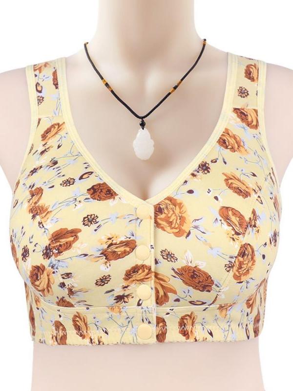 Women's Floral Print Button Front Wireless Bra, Casual Comfortable Breathable Bra for Daily Wear, Women's Lingerie for All Seasons