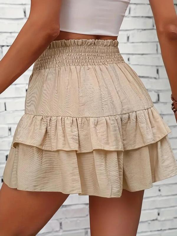 Women's Frill Trim Ruffle Hem Shirred High Waist Shorts, Boho Casual Tiered Layer Shorts for Fall, Ladies Bottoms for Daily Wear, Downtown Girl Clothes