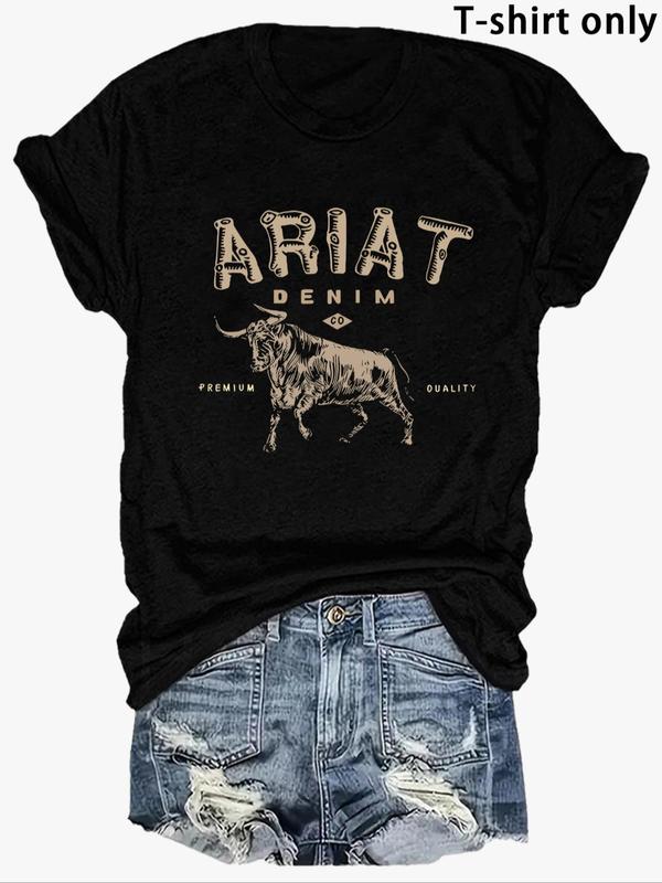 Women's Bull & Letter Print Round Neck Tee, Vintage Trendy Casual Short Sleeve T-shirt for Daily Wear, Ladies Summer Outfit