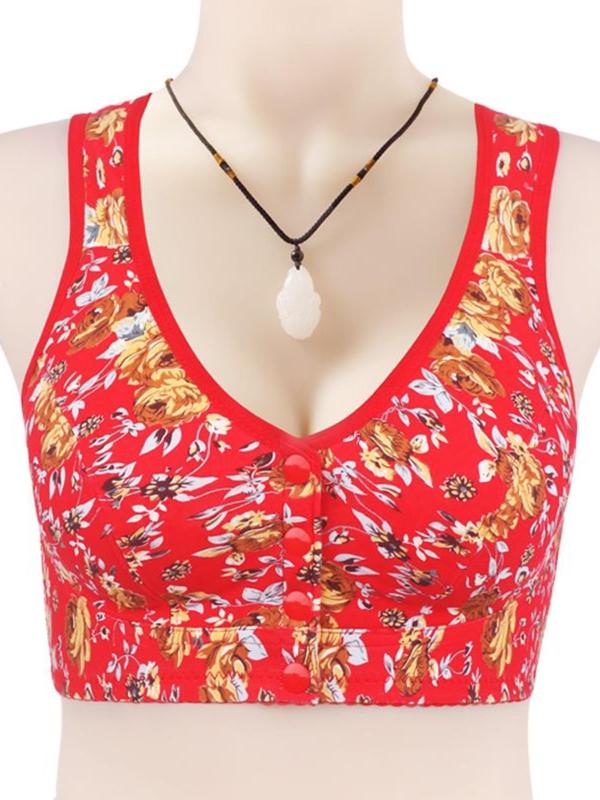 Women's Floral Print Button Front Wireless Bra, Casual Comfortable Breathable Bra for Daily Wear, Women's Lingerie for All Seasons