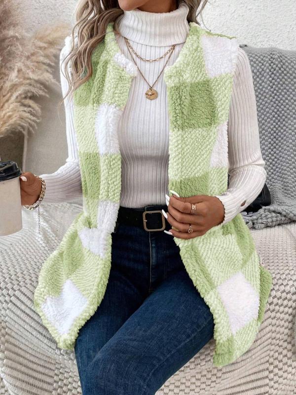 Women's Plaid Print Fuzzy Vest Coat without Sweater, Casual Pocket Open Front Outerwear for Spring & Fall, Fashion Women's Clothing for Daily Wear, Fall Outfits, Fallfreshness, Fall Outfits, Fallfreshness