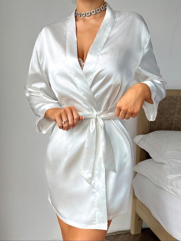 Women's Solid Belted Wrap Satin Lounge Robe, Casual Long Sleeve V Neck Lounge Robe, Ladies Sleepwear for All Seasons