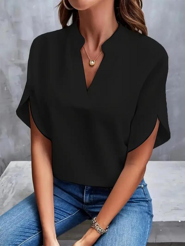 Women's Solid Notched Neck Split Sleeve Blouse, Womenswear Casual Drop Shoulder Half Sleeve Top for Summer, Ladies Back To School Clothes for Daily Wear, Black Girl Outfits