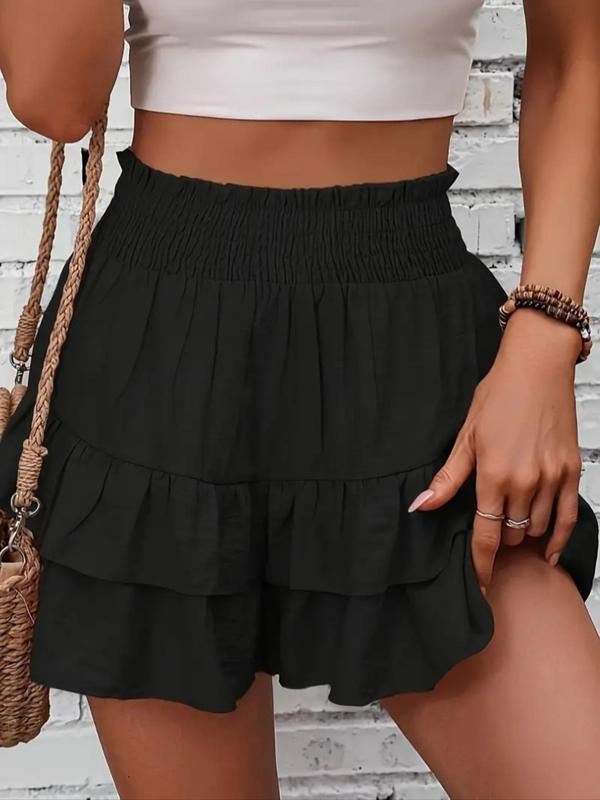 Women's Frill Trim Ruffle Hem Shirred High Waist Shorts, Boho Casual Tiered Layer Shorts for Fall, Ladies Bottoms for Daily Wear, Downtown Girl Clothes