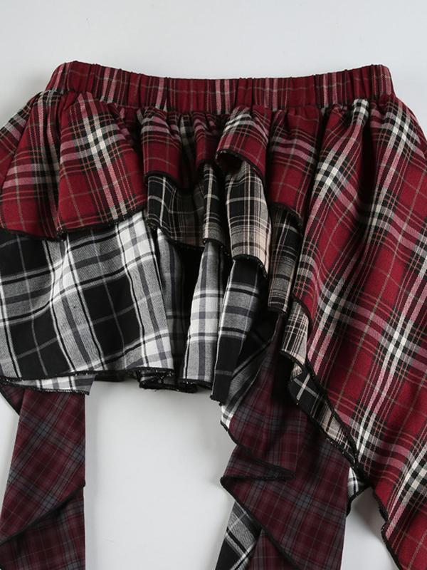 Women's Patchwork Plaid Print Tiered Layer Ruffle Hem Skirt, Casual Fashion Asymmetrical Hem Mini Skirt for Daily Wear, Ladies Fall & Winter Bottoms