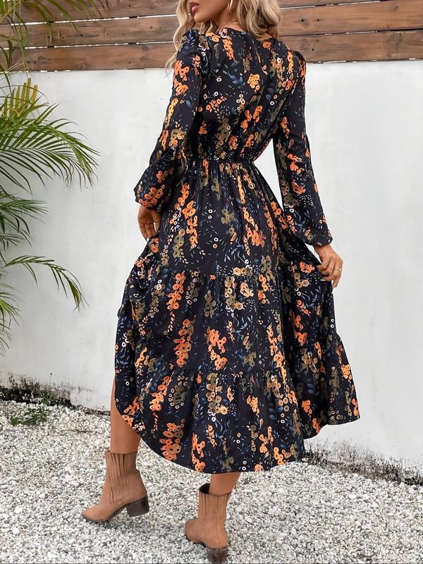 Women's Floral Print Ruffle Hem A Line Dress, Elegant Bishop Sleeve Round Neck Long Dress for Spring & Fall, Fall Dresses, Women's Clothing for Daily Wear