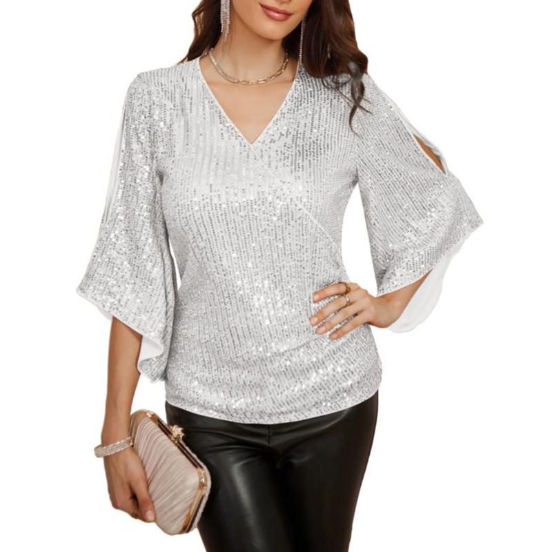 GRACE KARIN Women Sequined Party Tops 3 4 Poncho Slit Sleeve V-Neck Ruched Tops  v neck cardigan pleated blouse Knitwear pleated blouse Knitwear