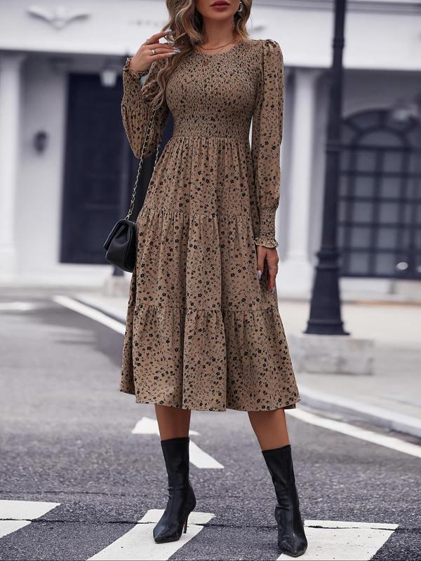 Women's Ditsy Floral Print Ruffle Hem Shirred A Line Dress, Elegant Bishop Sleeve Round Neck Midi Dress for Spring & Fall, Women's Clothing for Daily Wear, Fall Dresses, Dresses for Women, Birthday Dresses 2024, Wedding Guest Dress