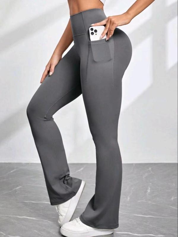 Women's Basic Plain High Waist Flare Leg Pants, Casual Comfy Pocket Design Sports Bell Bottom Tummy Control Leggings for Yoga Gym Workout, Back To School Outfits, Ladies Sportswear, Flared Leggings, Workout Clothes for Fall, Fall Outfits 2024