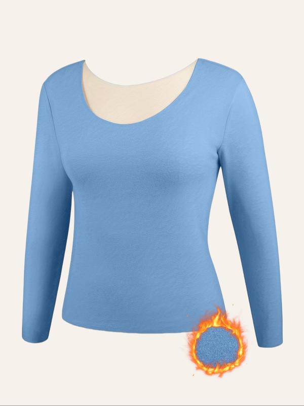  Women's Solid Round Neck Thermal Underwear Top, Casual Long Sleeve Crew Neck Top for Fall & Winter, Women's Clothing for Daily Wear