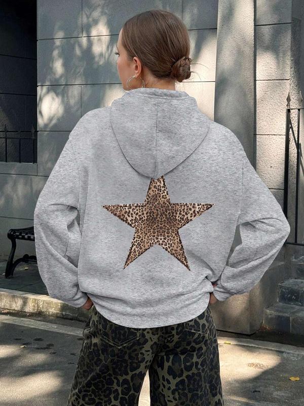 Women's Star Print Hoodie, Fashion Casual Leopard Graphic Drawstring Hoodies for Daily Holiday Outdoor Wear, Women Clothing for Fall & Winter