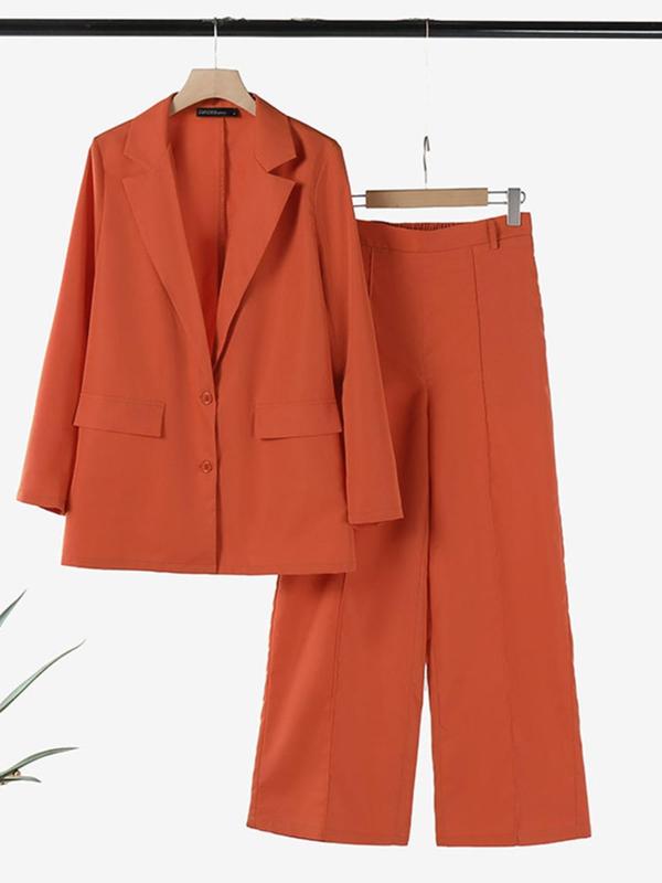 Women's Solid Button Lapel Neck Blazer & Pocket Wide Leg Pants Two-piece Set, Casual Long Sleeve Outerwear & Straight Leg Trousers for Work Office Business, Ladies Fall & Winter Clothes