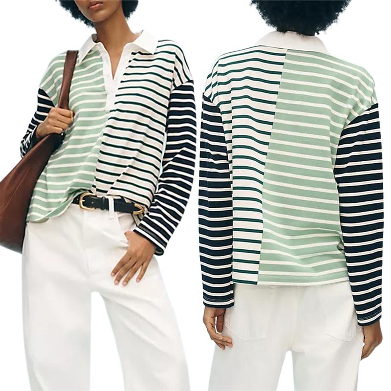 Women's Striped Top Half Button Lapel Long Sleeve Loose T-Shirt Polo Shirt Casual Streetwear