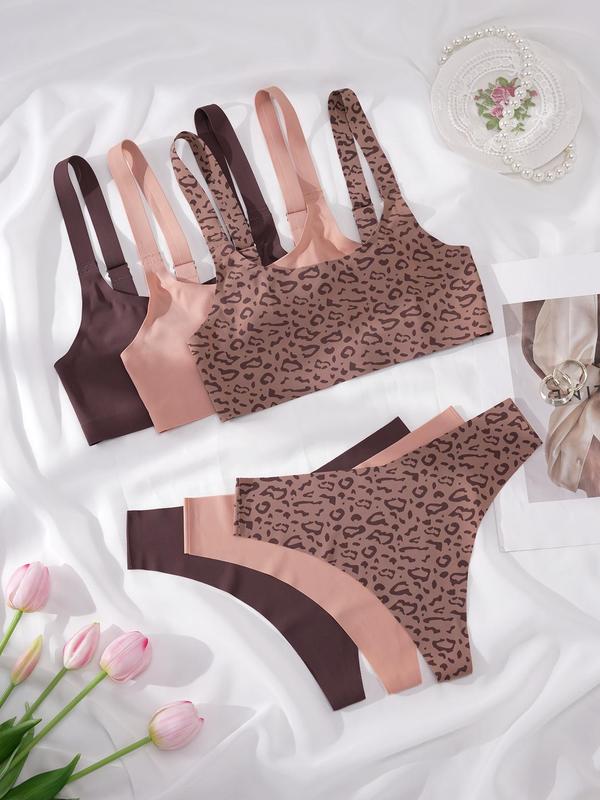 Women's Solid   Leopard Print Wireless Bra & Thong Set, Adjustable Strap Lingerie Top & Panty Quick-drying Set, Soft Comfy Breathable Seamless Underwear Set for Women