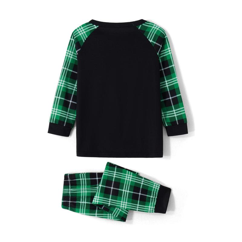 Black Green  Dinosaur Print Matching Christmas Pajamas For Family, Long Sleeve Dinosaur Print Raglan Tops + Plaid Pants Set