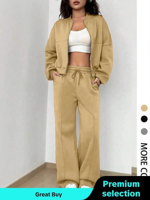 Women's Solid Zip Up Crop Jacket & Drawstring Waist Pants Two-Piece Set, Casual Fashion Drop Shoulder Long Sleeve Top & High Waist Trousers for Outdoor Wear, Women's Clothing for Spring & Fall 90S Clothes, High Waters Pants Set