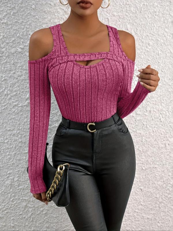 Women's Plain Cut Out Cold Shoulder Ribbed Tee, Casual Long Sleeve T-shirt for Spring & Fall, Women's Clothing for Daily Wear