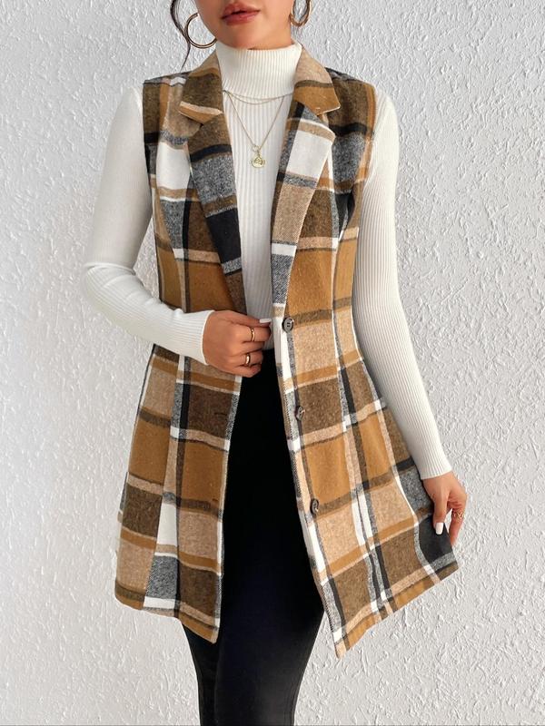 Women's Plaid Print Button Front Lapel Neck Waistcoat without Sweater, Casual Elegant Outerwear for Fall & Winter, Winter Coats, Women's Clothing for Daily Wear, Please Purchase A Size Up