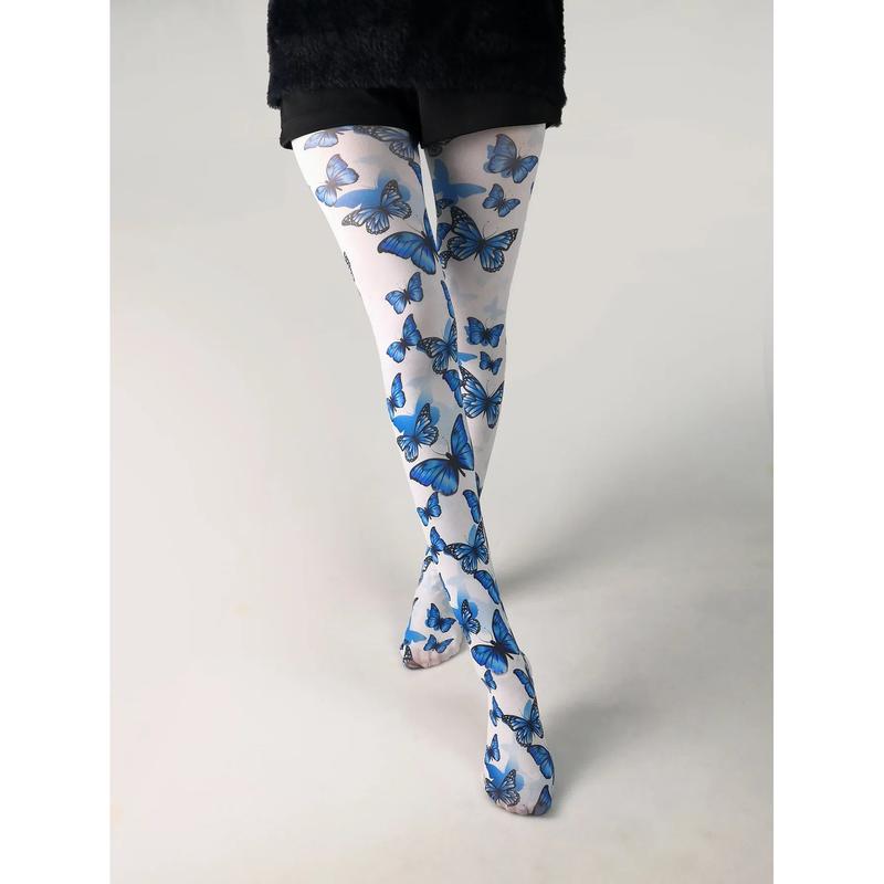 Women's Graffiti Printed Tights Butterfly Lattice Seamless Pantyhose Female Sexy Stretch Long Socks High Waist Stockings 2024