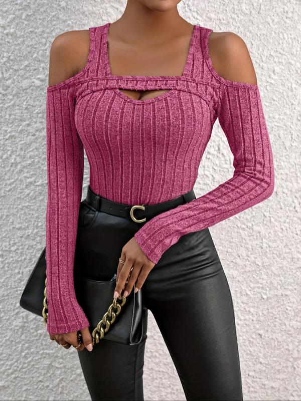 Women's Plain Cut Out Cold Shoulder Ribbed Tee, Casual Long Sleeve T-shirt for Spring & Fall, Women's Clothing for Daily Wear