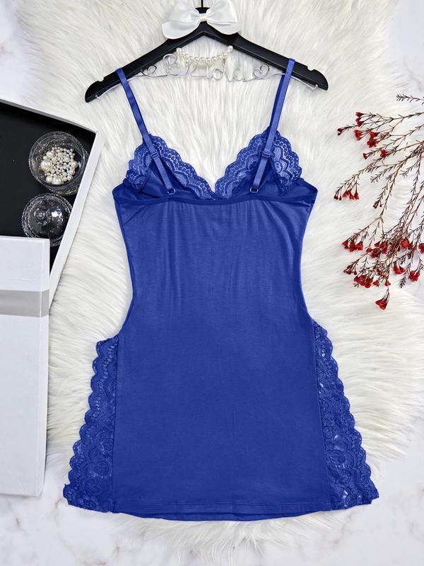 Women's Plain Contrast Lace Bow Decor Backless Split Side Cami Nightdress, Elegant Comfy Adjustable Spaghetti Strap V Neck Nightgown, Women's Loungewear