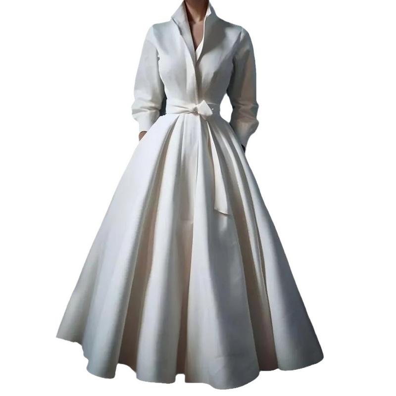 French Light Wedding Dress Bride Retro Simple Mori Style Long Section with a Stand Collar Elegant V-neck Evening Dress for Women