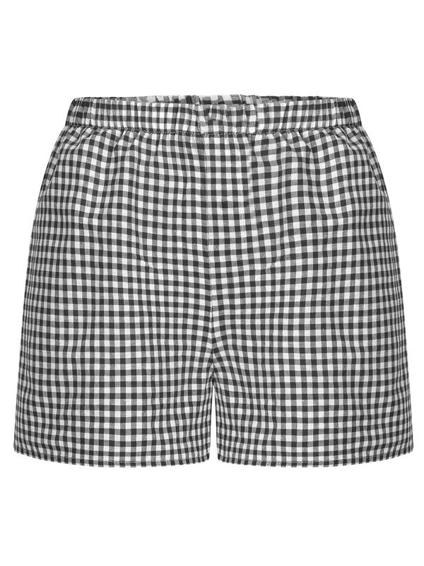 Women's Plaid Print Patched Decor Button Front Elastic Waist Shorts, Casual Comfy Straight Leg Shorts for Summer, Ladies Back To School Bottoms for Daily Wear, Shorts for Women, Downtown Girl Clothes  Preppy 80s Clothes