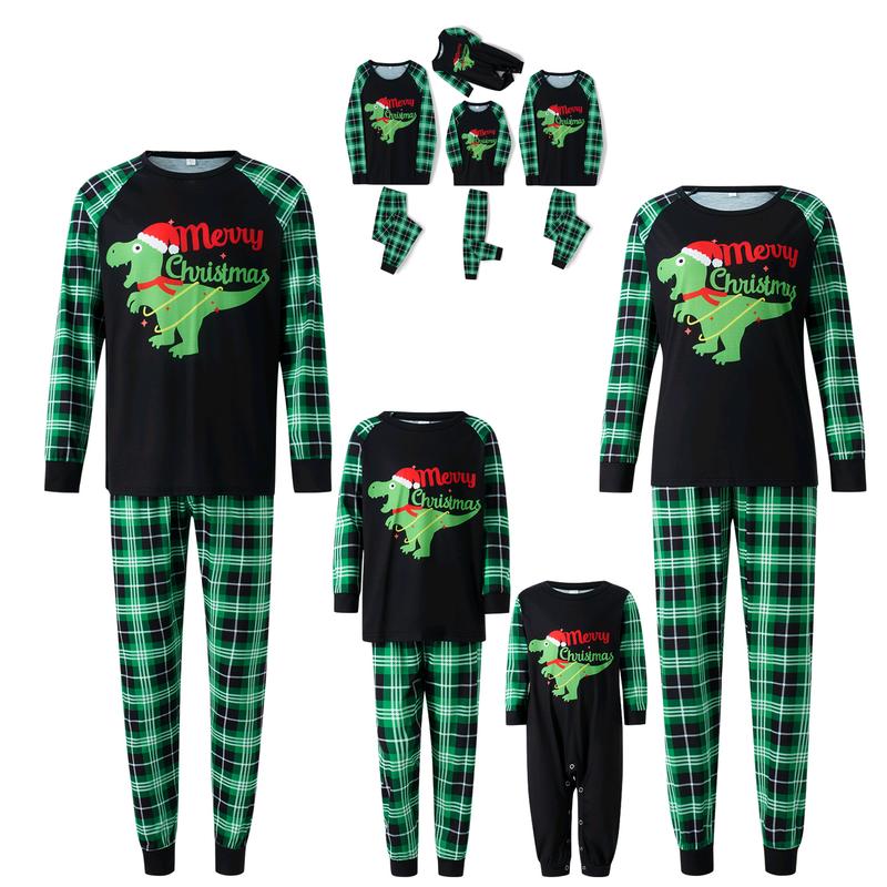 Black Green  Dinosaur Print Matching Christmas Pajamas For Family, Long Sleeve Dinosaur Print Raglan Tops + Plaid Pants Set