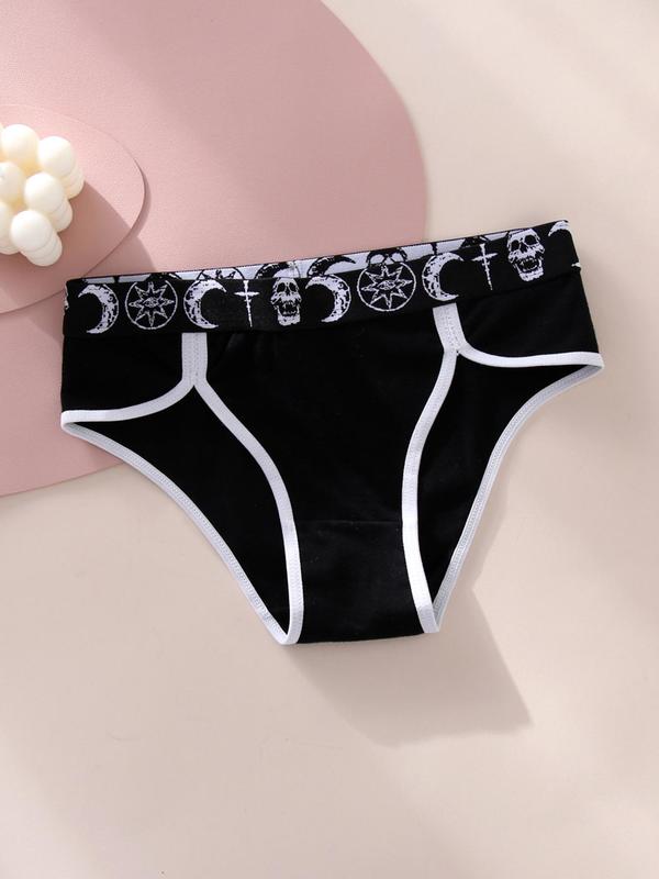 Women's 3pcs Moon & Skull Print Contrast Binding Knicker, Casual Comfy Breathable Panty for Daily Wear, Underwear for All Seasons